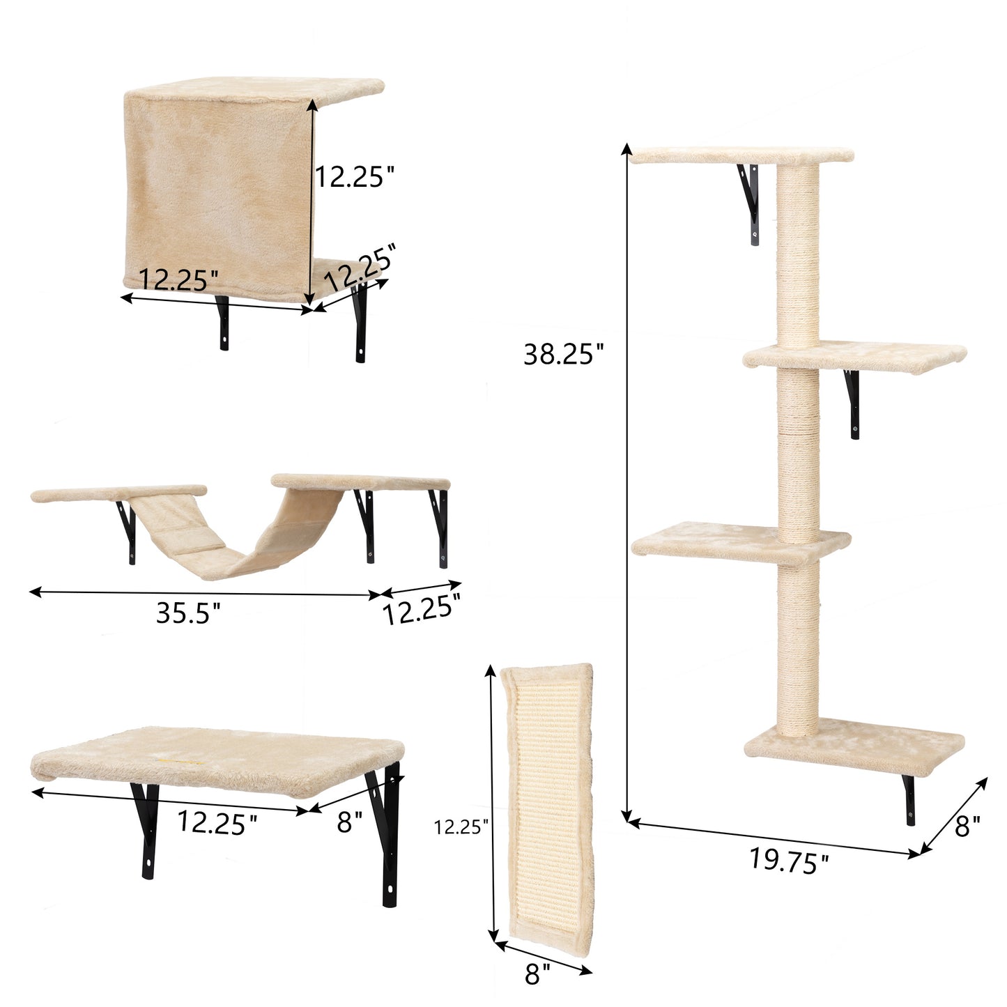 5 Pcs Wall Mounted Cat Climber Set; Floating Cat Shelves and Perches; Cat Activity Tree with Scratching Posts; Modern Cat Furniture