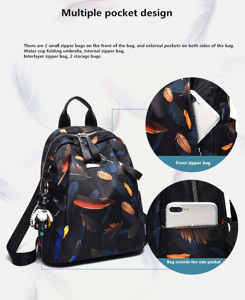 Anti-thief Feather Print Women Backpack Waterproof Travel Casual Schoolbag