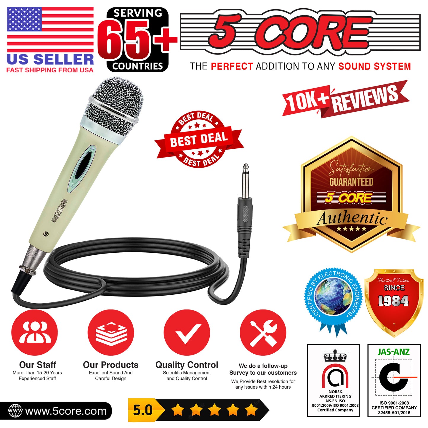 5 Core Microphone Pair XLR Dynamic Mic Karaoke Singing Handheld Microfono Wired Professional Unidirectional 1/4 Plug In Cord Connection for Vocal DJ Music - PM 286 WH
