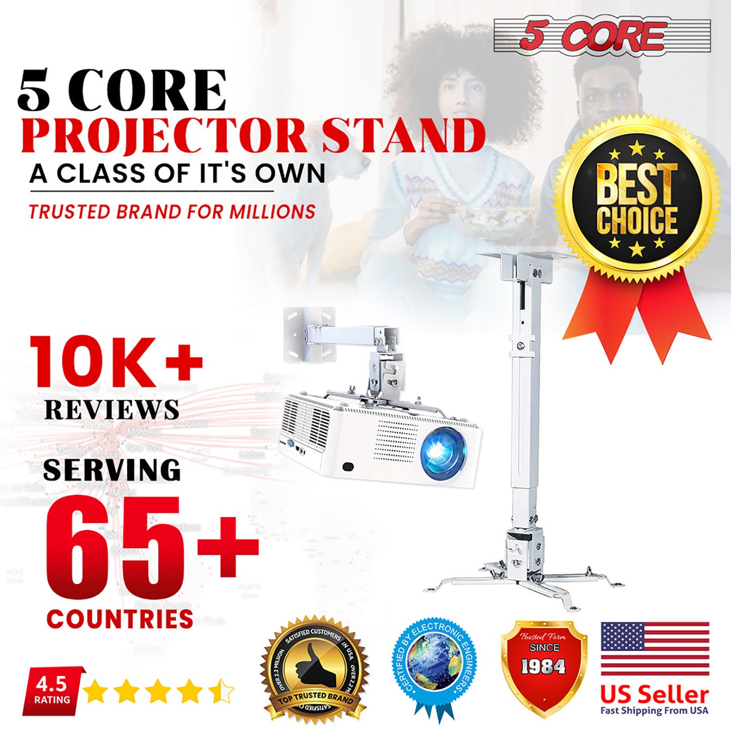 5 Core White Projector Stand Ceiling Wall Mount Universal Projectors Adjustable w Mounting Bracket - PS 01 WH
