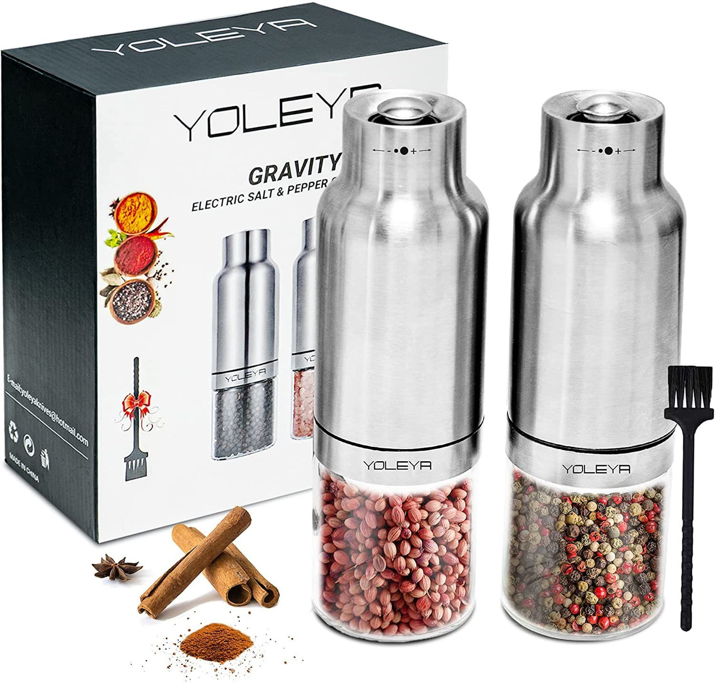 Gravity Electric Salt and Pepper Grinder Set - Automatic Pepper or Salt Mill Shaker, Spice Grinder Battery-Operated with Adjustable Coarseness,One Hand Operated,Utility Brush,Premium Stainless Steel