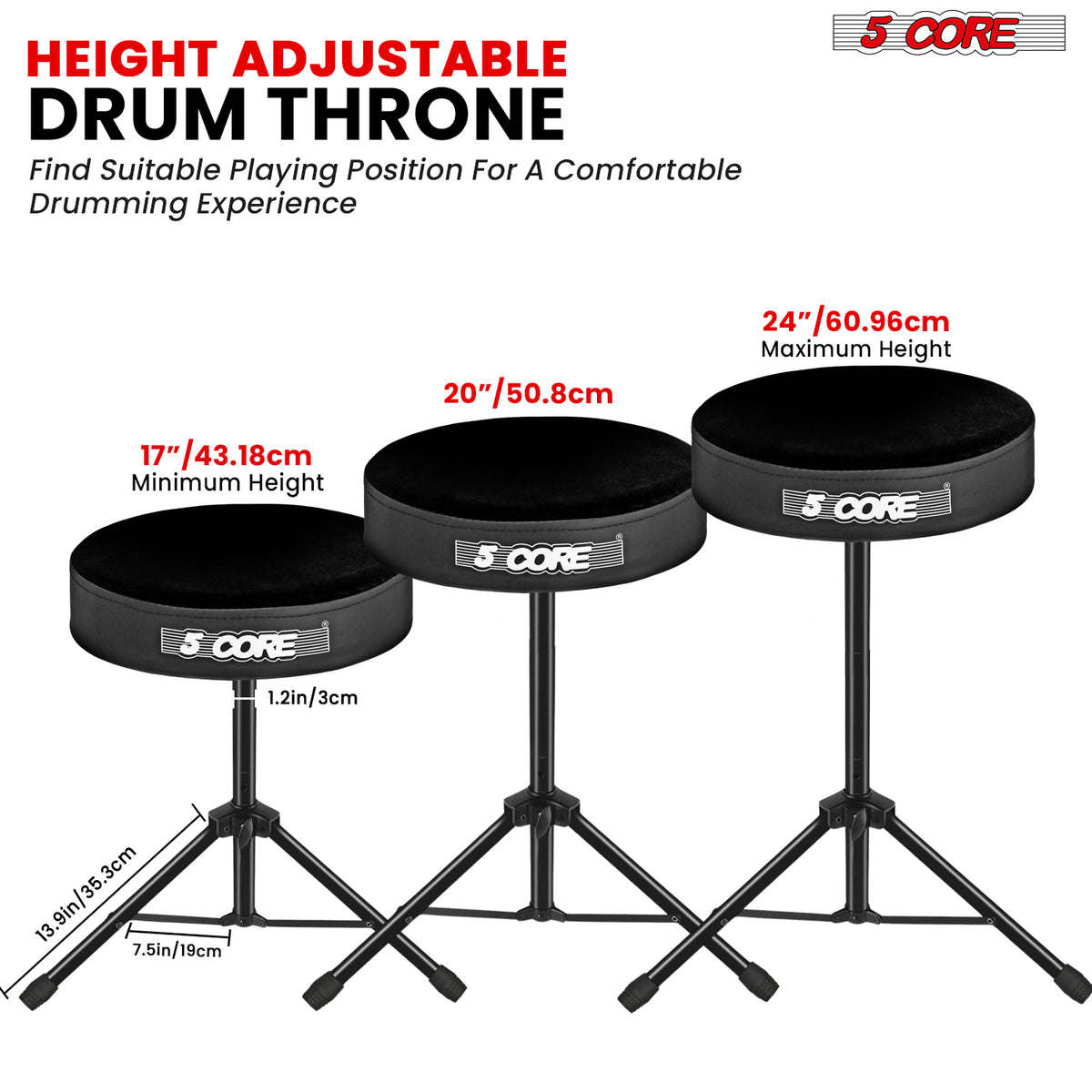 5Core Drum Throne Padded Guitar Stool Height Adjustable Drummer Seat Music Chair for Adults And Kids - DS 01