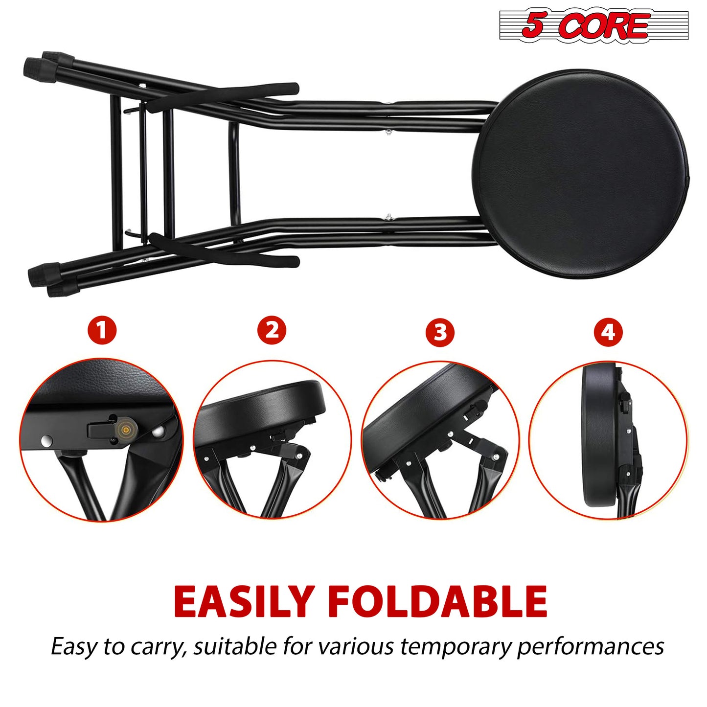 5 Core Guitar Stool • w Comfortable Padded Seat • Foot Rest • Guitar Holder w 300 Lbs Capacity - GSTOOL BLK