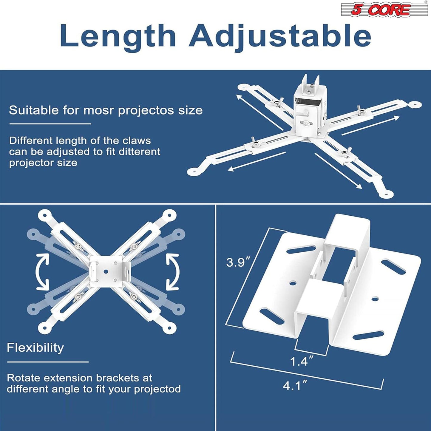 5 Core White Projector Stand Ceiling Wall Mount Universal Projectors Adjustable w Mounting Bracket - PS 01 WH