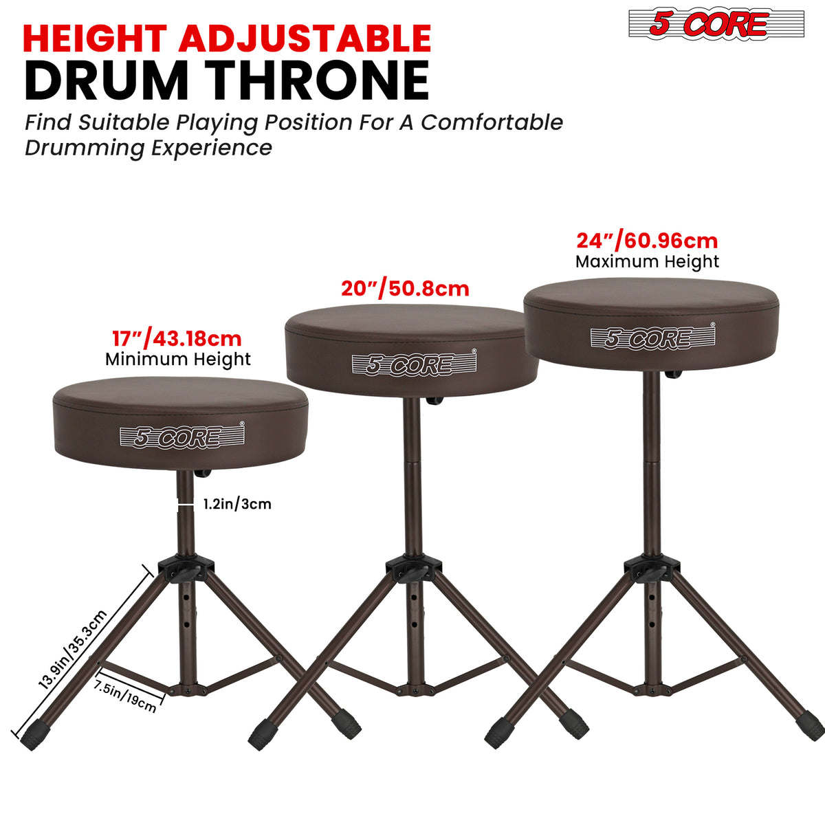 5Core Drum Throne Padded Guitar Stool Height Adjustable Drummer Seat Music Chair for Adults And Kids - DS 01