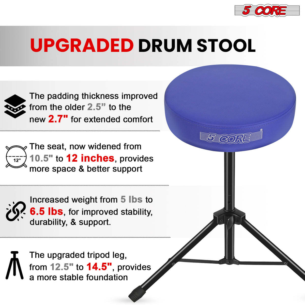 5Core Drum Throne Padded Guitar Stool Height Adjustable Drummer Seat Music Chair for Adults And Kids - DS 01