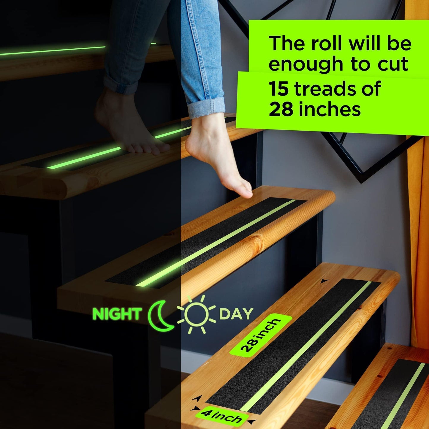 Grip Tape Heavy Duty Anti Slip Tape for Stairs 4 Inch x 35 Feet Black with Glow in The Dark Strips Outdoor Indoor Waterproof Non Skid Roll for Stair Steps Traction Tread Staircase Grips