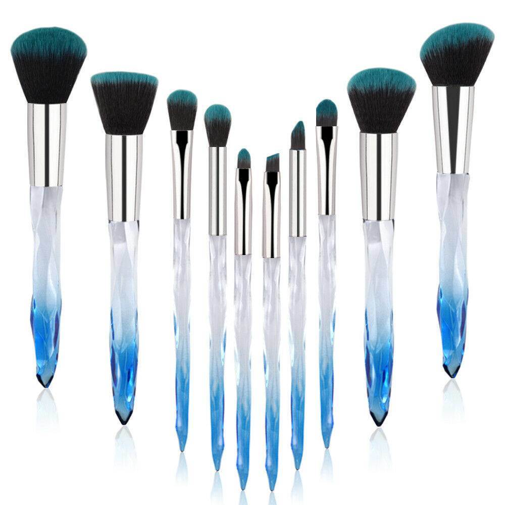 10pcs Professional Makeup Brush with Crystal Handle Foundation Brush (Crystal blue) with 1pcs Wine red Bag