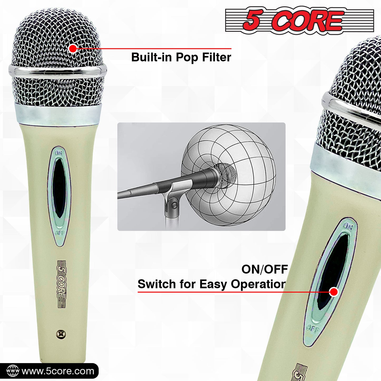 5 Core Microphone Pair XLR Dynamic Mic Karaoke Singing Handheld Microfono Wired Professional Unidirectional 1/4 Plug In Cord Connection for Vocal DJ Music - PM 286 WH