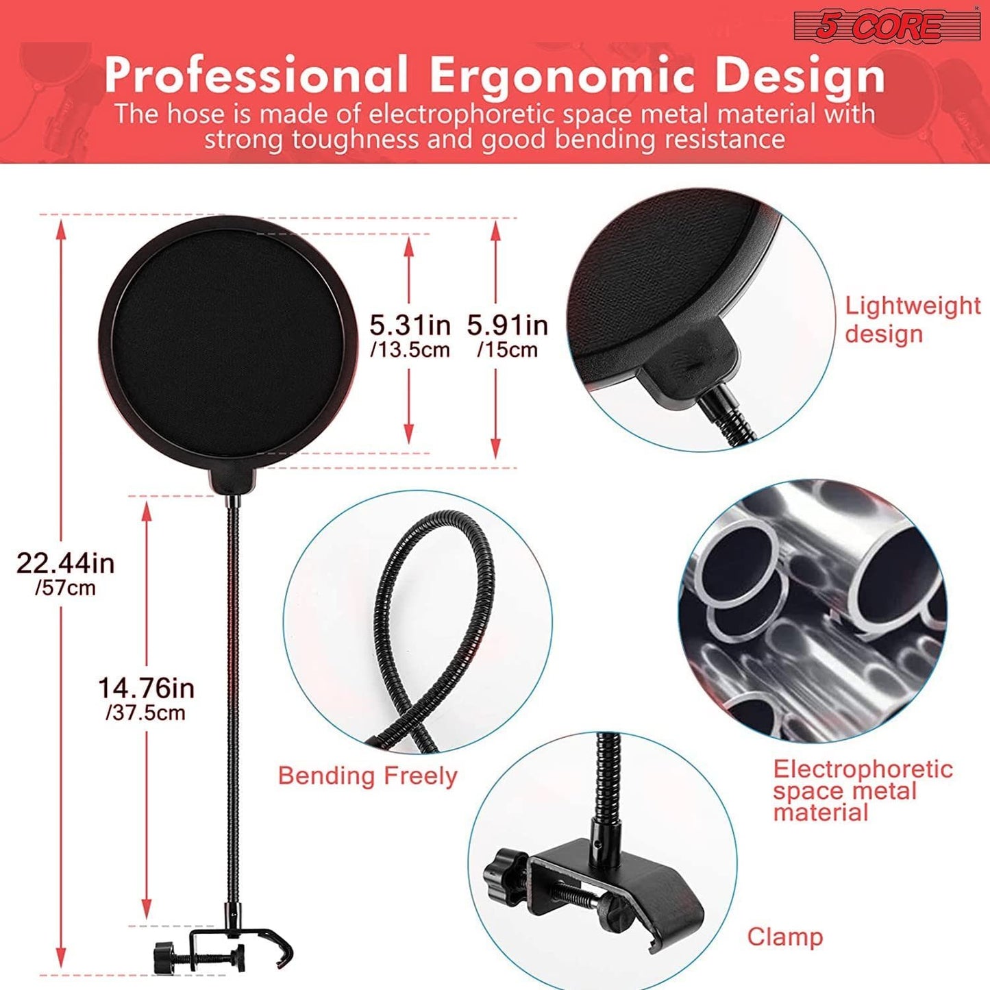 5 Core Microphone Arm Stand, Upgraded Adjustable Suspension Boom Scissor Arm Mic Stand 42 inch with Pop Filter, 3/8" to 5/8" Adapter, Mic Clip Shock Mount, Cable Ties for All Microphones - ARM SET 21