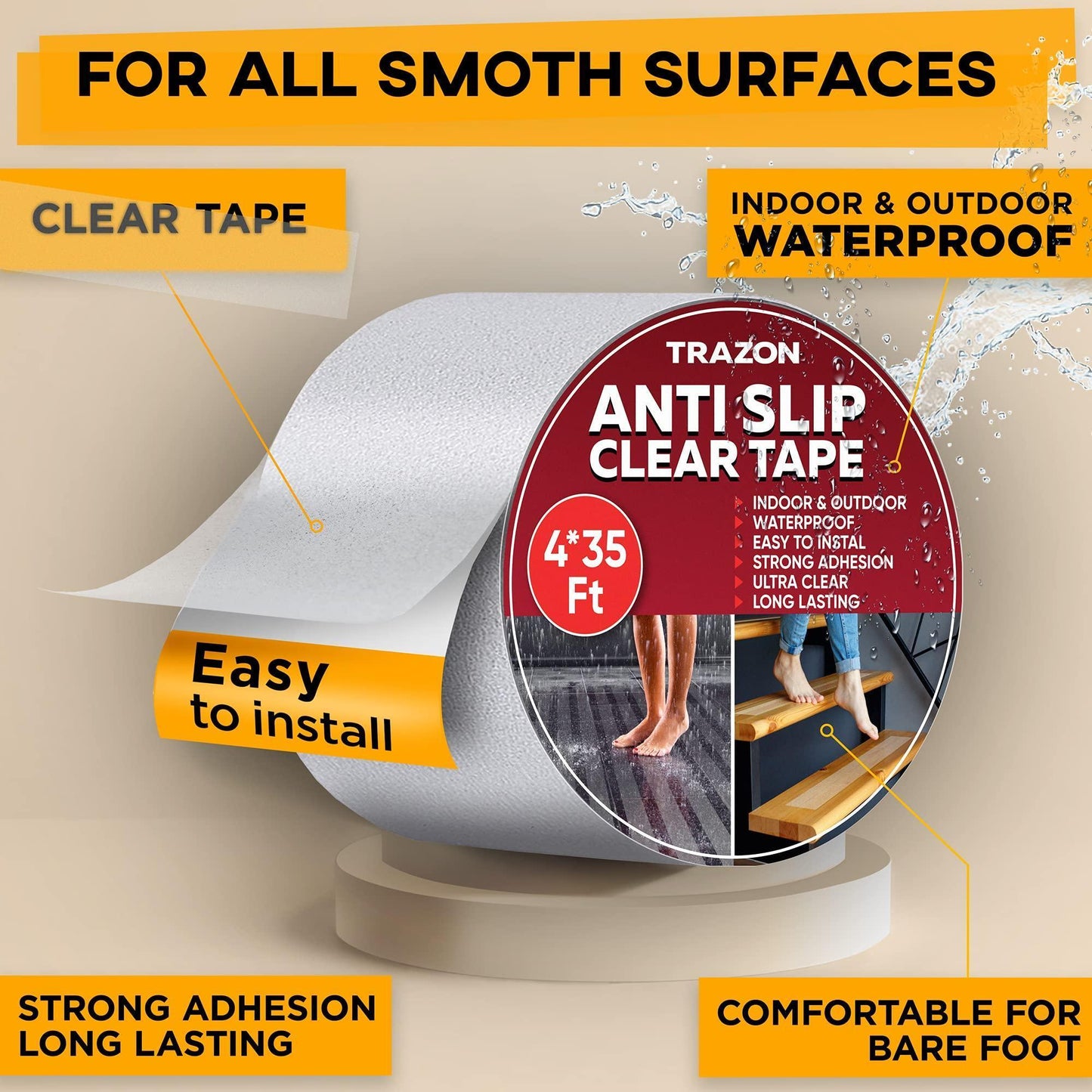 Grip Tape Heavy Duty Anti Slip Tape Clear Waterproof Outdoor Indoor 4 In x35 Ft