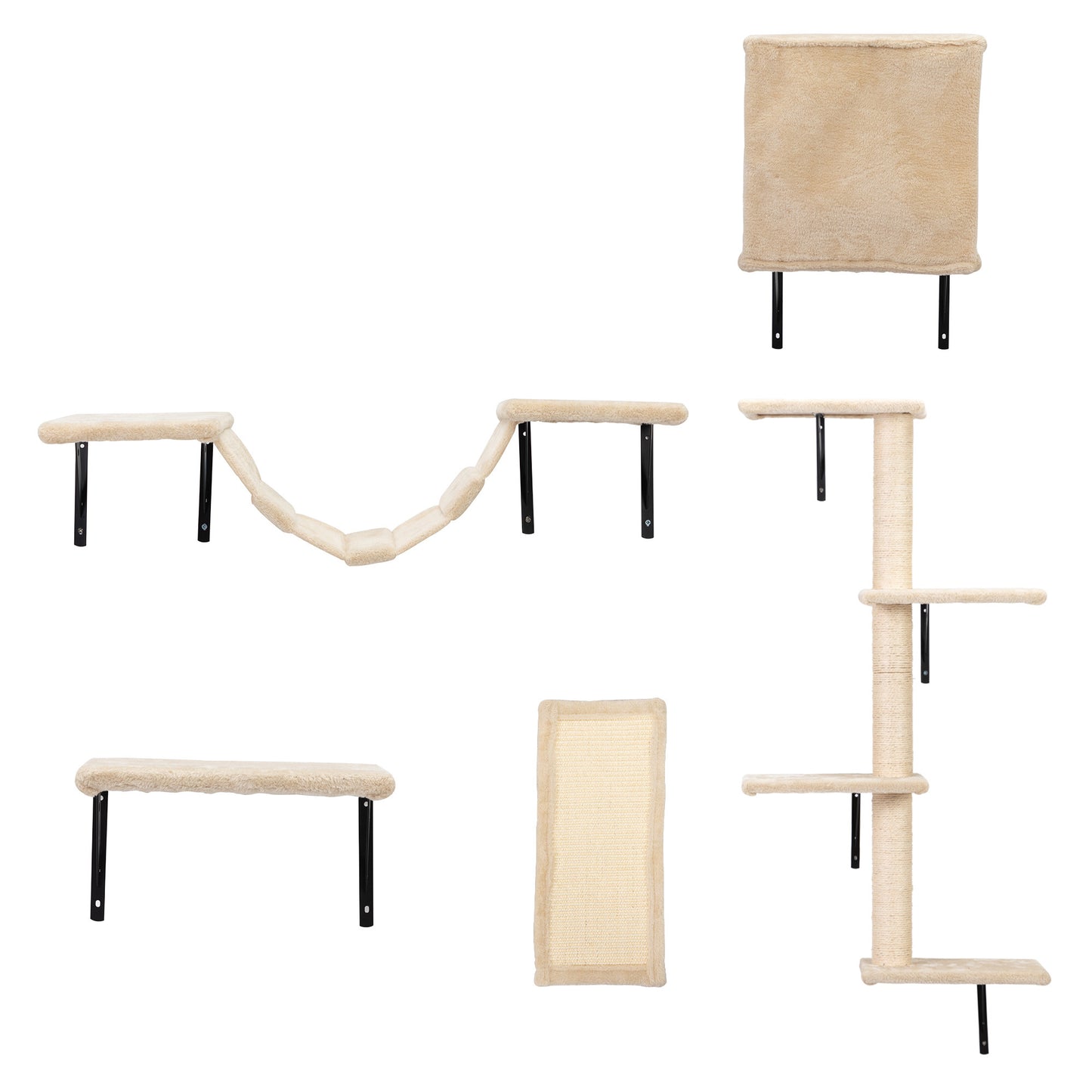 5 Pcs Wall Mounted Cat Climber Set; Floating Cat Shelves and Perches; Cat Activity Tree with Scratching Posts; Modern Cat Furniture