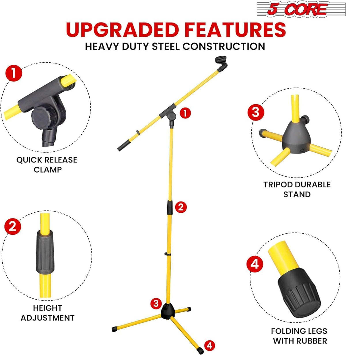 5 Core Tripod Mic Stand Heavy Duty Height Adjustable Floor Microphone Boom Arm Pedestal Para Microfono for Singing On Stage Studio - MS 080 YLW