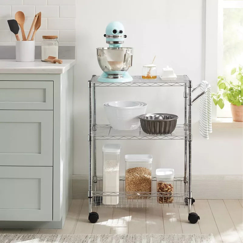 3 Tier Metal Utility Cart Chrome Rolling Kitchen Storage, Adjustable Shelves