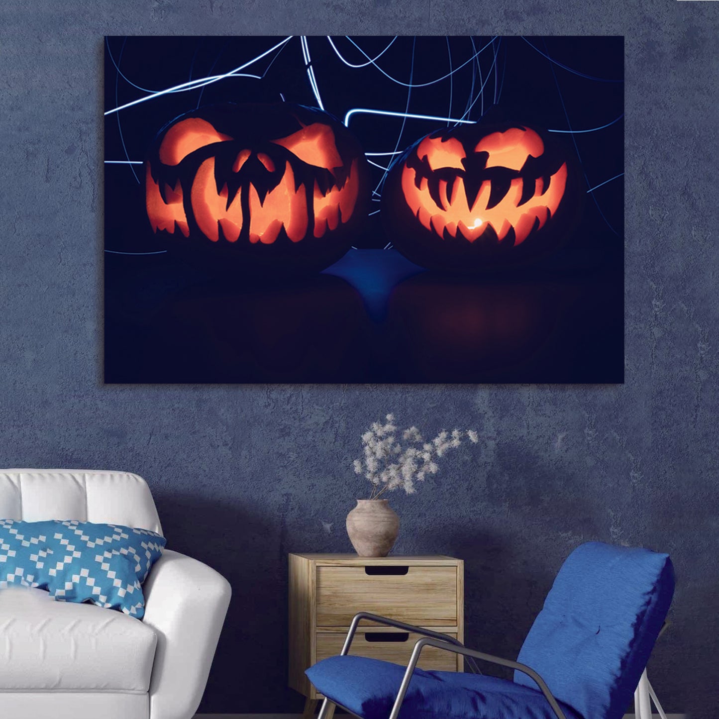 Drop-Shipping Framed Canvas Wall Art Decor Painting For Halloween,Scary Pumpkin Painting For Halloween Gift, Decoration For Halloween Office Living Room, Bedroom Decor-Ready To Hang