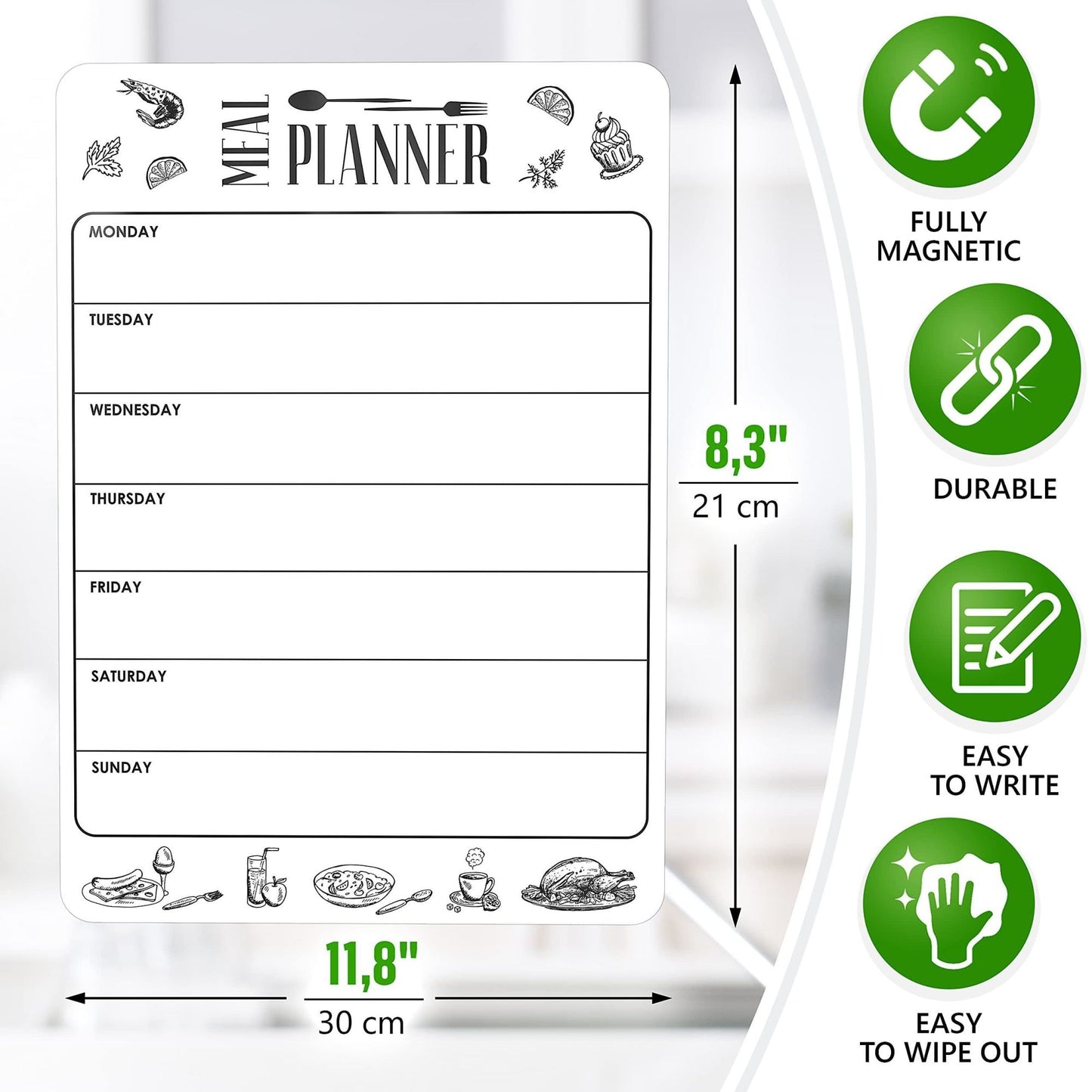 Magnetic Meal Planner for Refrigerator Dry Erase A4 Size Weekly Menu Board
