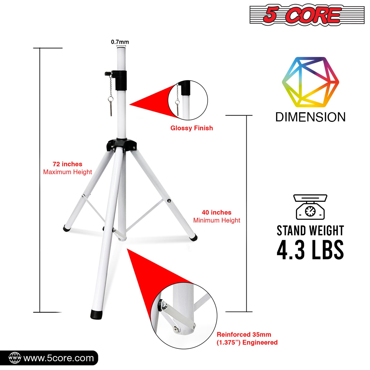 5 Core Speaker Stand Tripod Floor Tall Adjustable Up to 72 Inch DJ Studio Monitor Stands Pole Mount -- SS ECO 1PK WoB