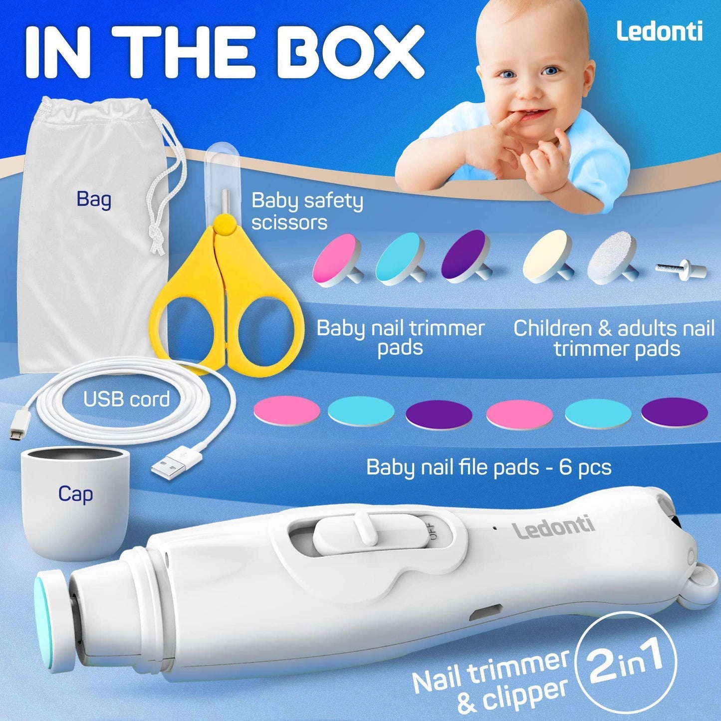 White Baby Nail Trimmer Electric Rechargeable Baby Nail Clippers File with Light for Newborn Infant Toddler Kids Baby Manicure Fingernail Care Set w Scissors Baby Nail Grinder Cutter