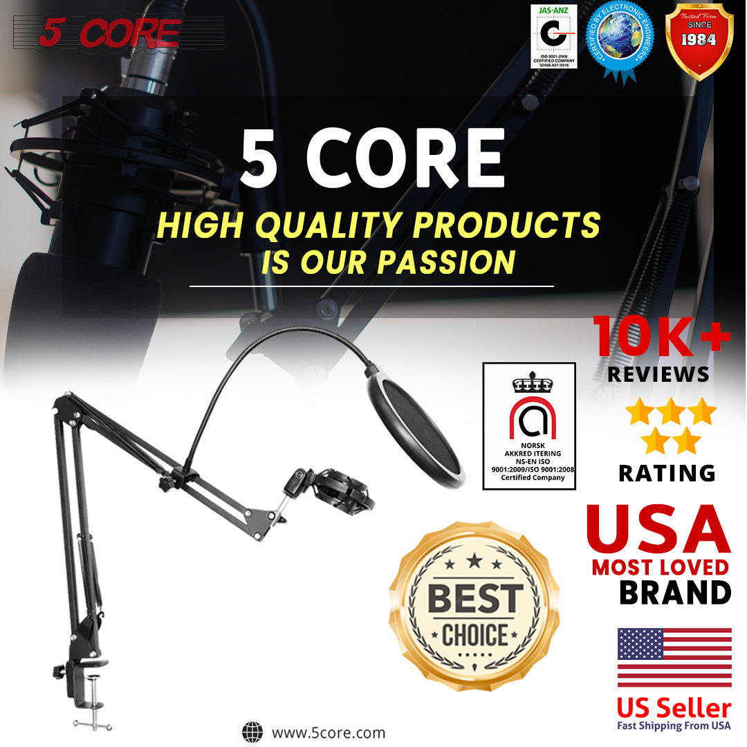 5 Core Microphone Arm Stand, Upgraded Adjustable Suspension Boom Scissor Arm Mic Stand 42 inch with Pop Filter, 3/8" to 5/8" Adapter, Mic Clip Shock Mount, Cable Ties for All Microphones - ARM SET 21