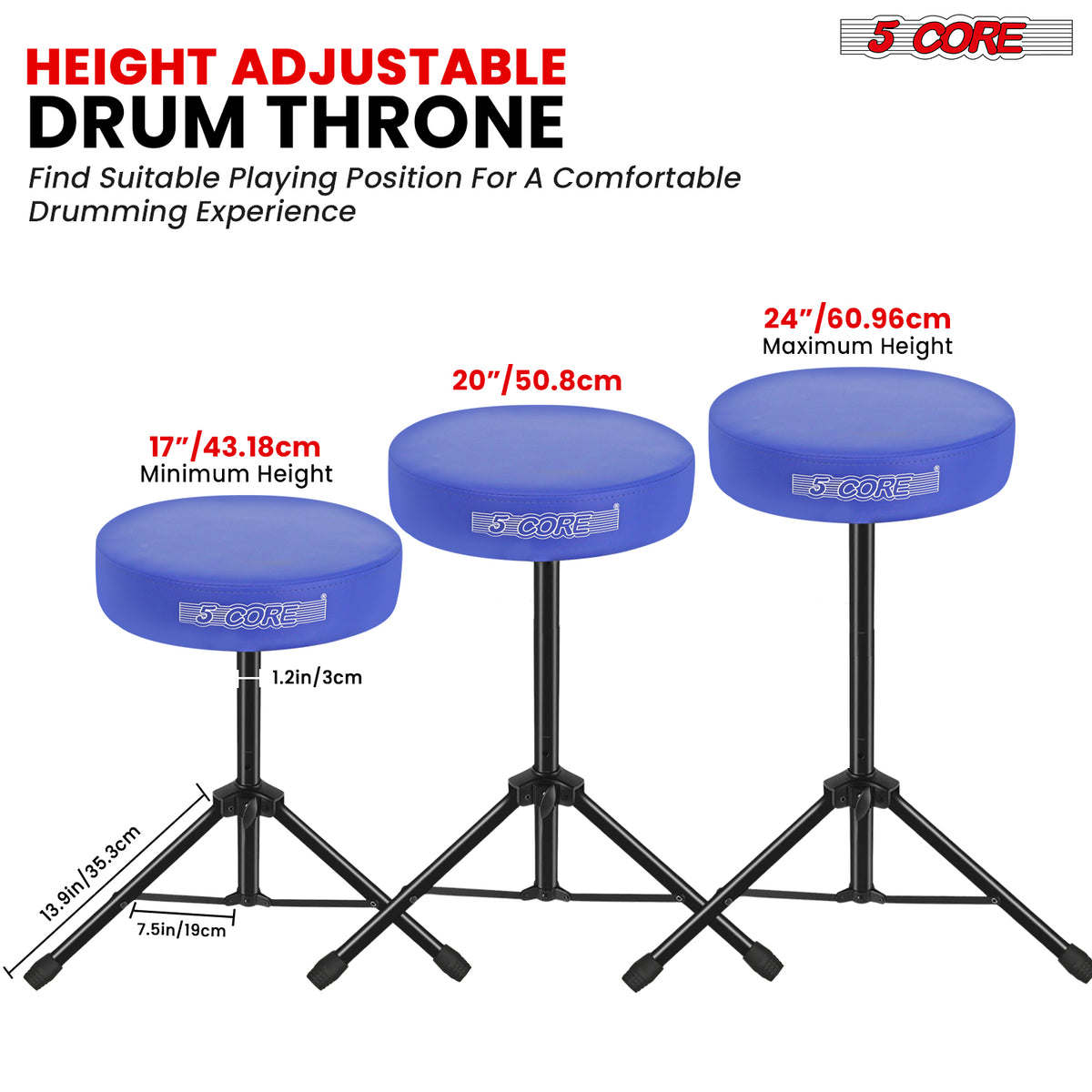 5Core Drum Throne Padded Guitar Stool Height Adjustable Drummer Seat Music Chair for Adults And Kids - DS 01