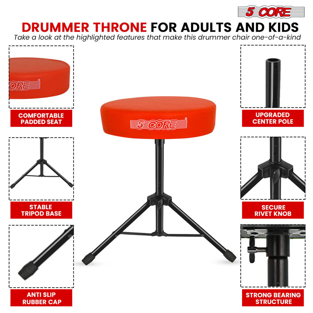 5Core Drum Throne Padded Guitar Stool Height Adjustable Drummer Seat Music Chair for Adults And Kids - DS 01