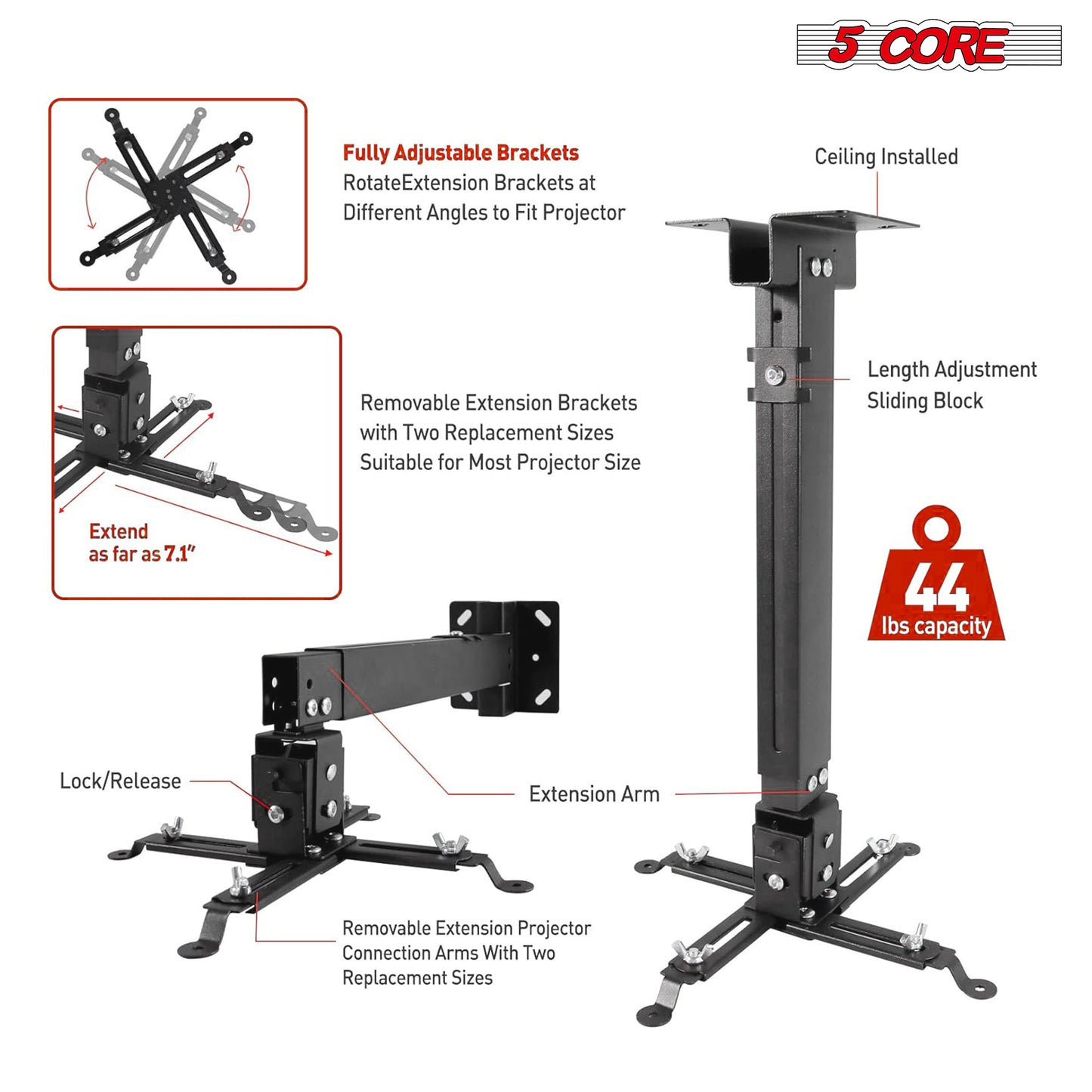 Projector Stabd HD Ceiling Mount Universal Black Extendable Bracket TILT Wall Mount Hanger Supports up to 40 lbs Mounting for Most Projectors Video - 5 Core PS 01 BLK