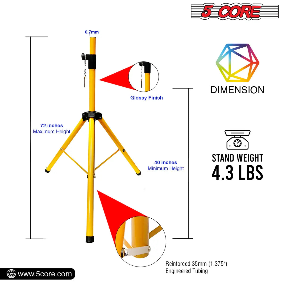 5 Core Speaker Stand Tripod Floor Tall Adjustable Up to 72 Inch DJ Studio Monitor Stands Pole Mount -- SS ECO 1PK WoB