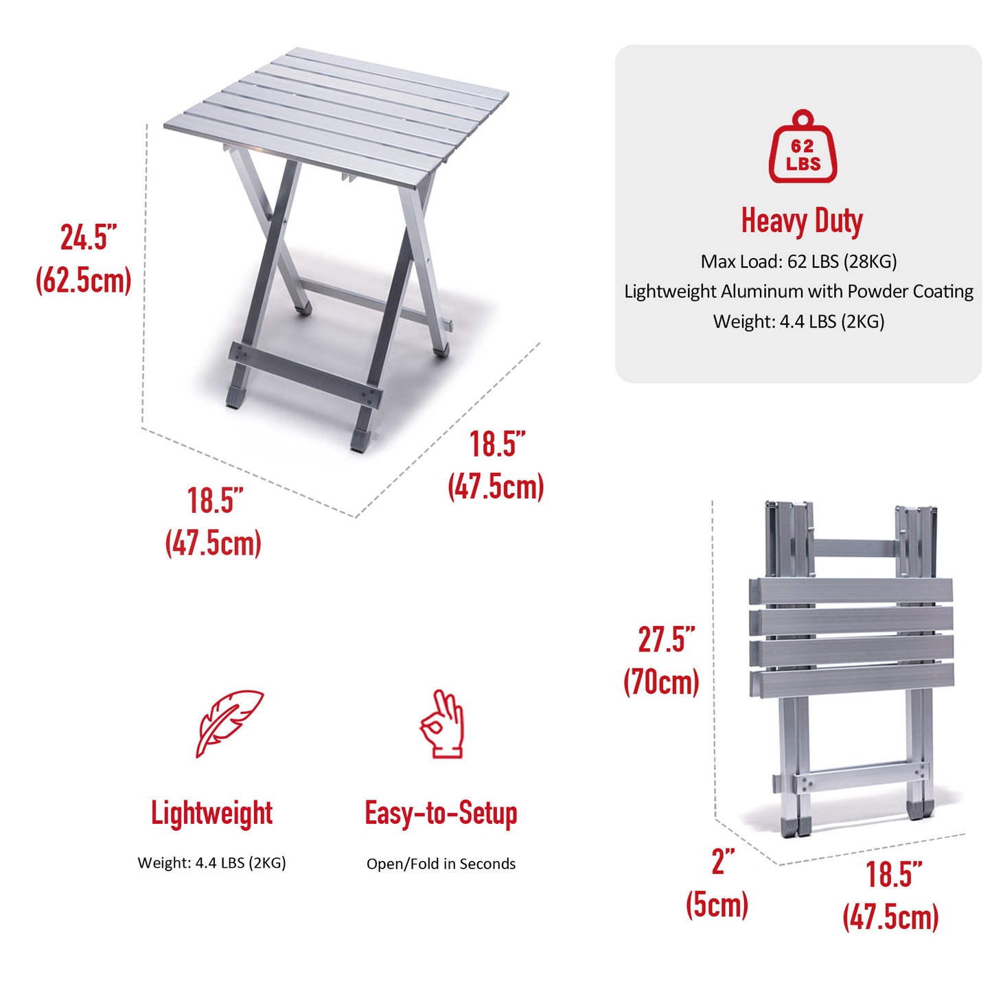 SUNNYFEEL Folding Camping Table - Lightweight Aluminum Portable Picnic Table, 18.5x18.5x24.5 Inch for Cooking, Beach, Hiking, Travel, Fishing, BBQ, Indoor Outdoor Small Foldable Camp Tables