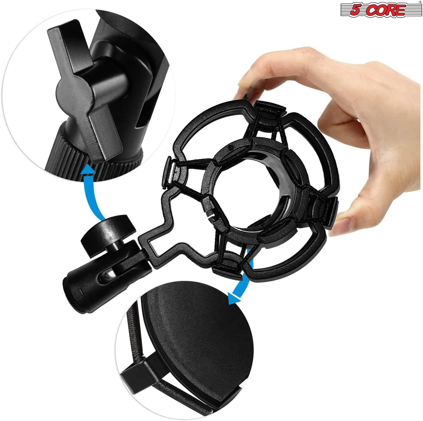 5 Core Microphone Arm Stand, Upgraded Adjustable Suspension Boom Scissor Arm Mic Stand 42 inch with Pop Filter, 3/8" to 5/8" Adapter, Mic Clip Shock Mount, Cable Ties for All Microphones - ARM SET 21