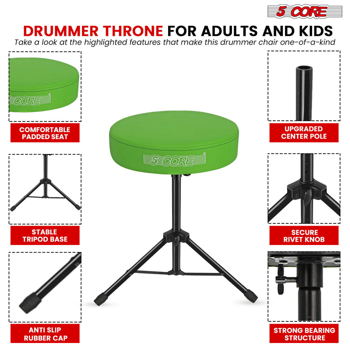 5Core Drum Throne Padded Guitar Stool Height Adjustable Drummer Seat Music Chair for Adults And Kids - DS 01