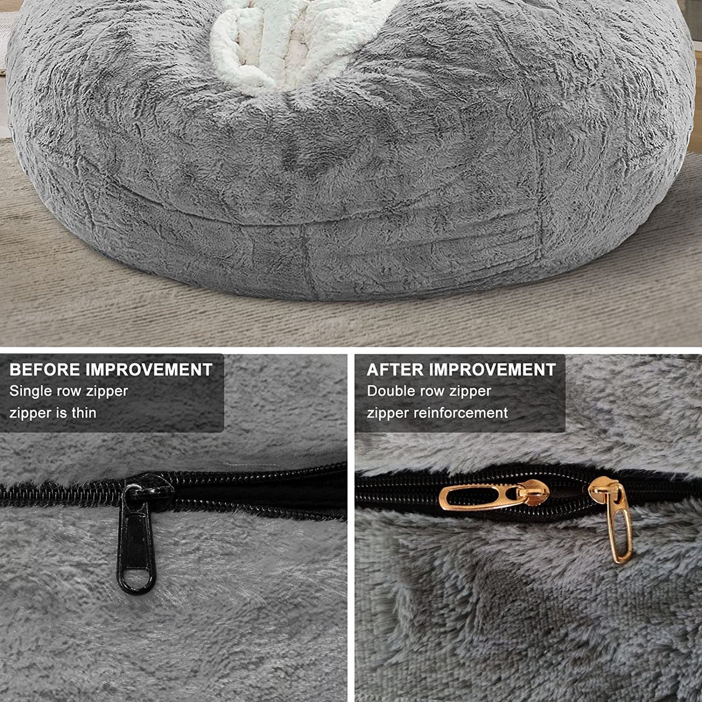 Bag Chair Cover(it was only a Cover; not a Full Bean Bag) Chair Cushion; Big Round Soft Fluffy PV Velvet Sofa Bed Cover; Living Room Furniture; Lazy Sofa Bed Cover; 5ft Dark Grey