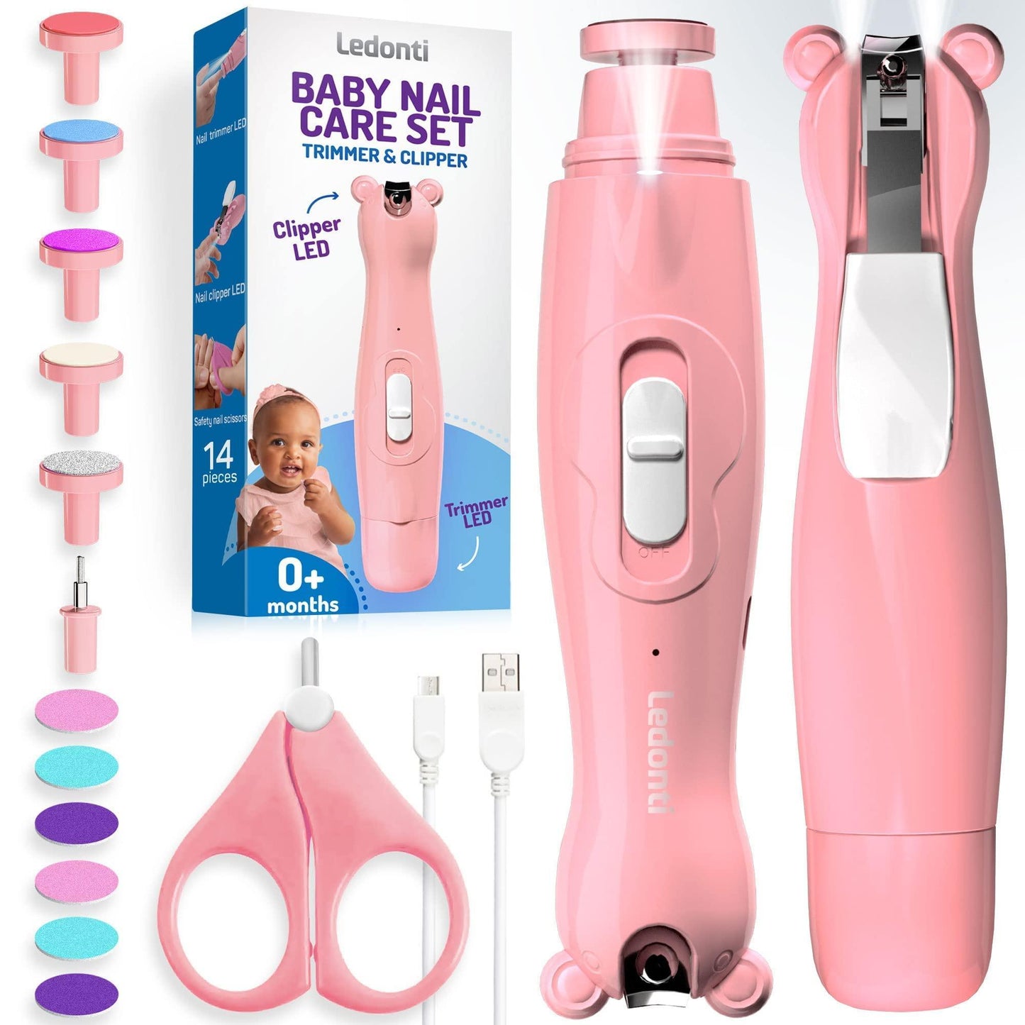 Pink Rechargeable Baby Nail Clippers Baby Nail Trimmer Electric w Led Light for Newborn Infant Toddler Kids Baby Manicure Fingernail Care Set w Scissors Baby Essentials Must Haves Grinder Cutter