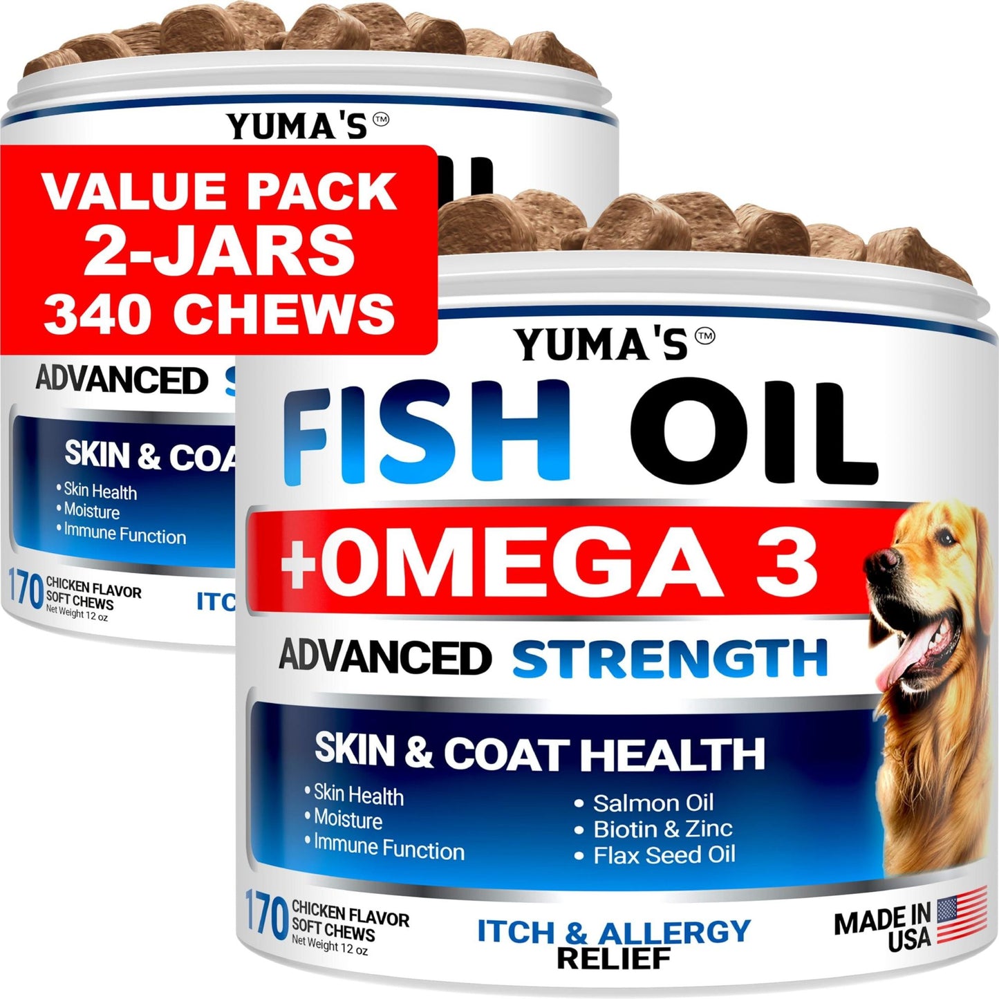 2 Pack Omega 3 Fish Oil for Dogs Skin and Coat Supplement Dry & Itchy Skin Relief Treatment Allergy Support Dog Anti Shedding Treats Shiny Coats EPA & DHA Salmon