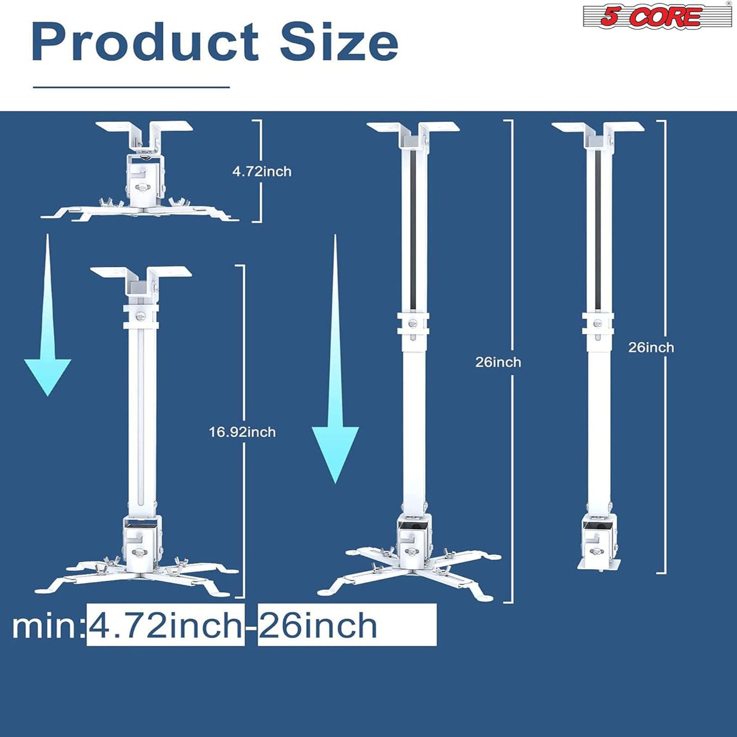5 Core White Projector Stand Ceiling Wall Mount Universal Projectors Adjustable w Mounting Bracket - PS 01 WH