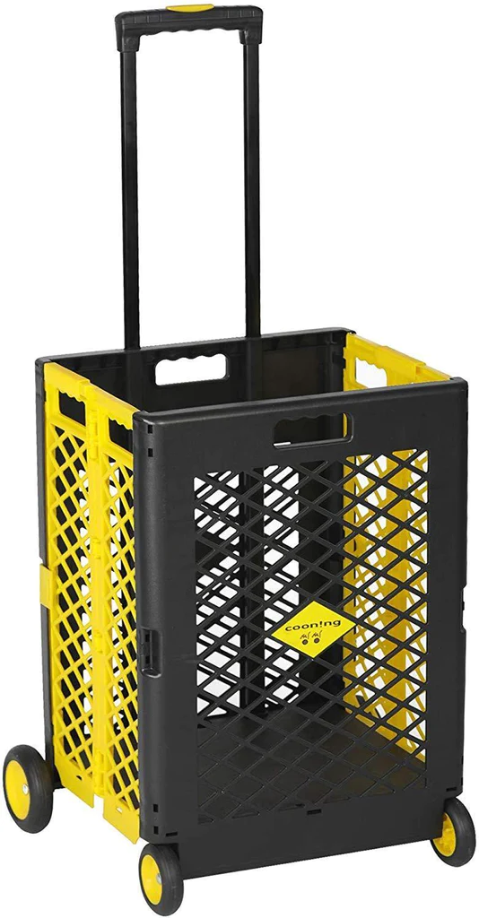 55L Foldable Rolling Cart with Wheels, Portable Updated Utility Tools Rolling Crate w/ Telescopic Handle, Yellow/Gray with Lid