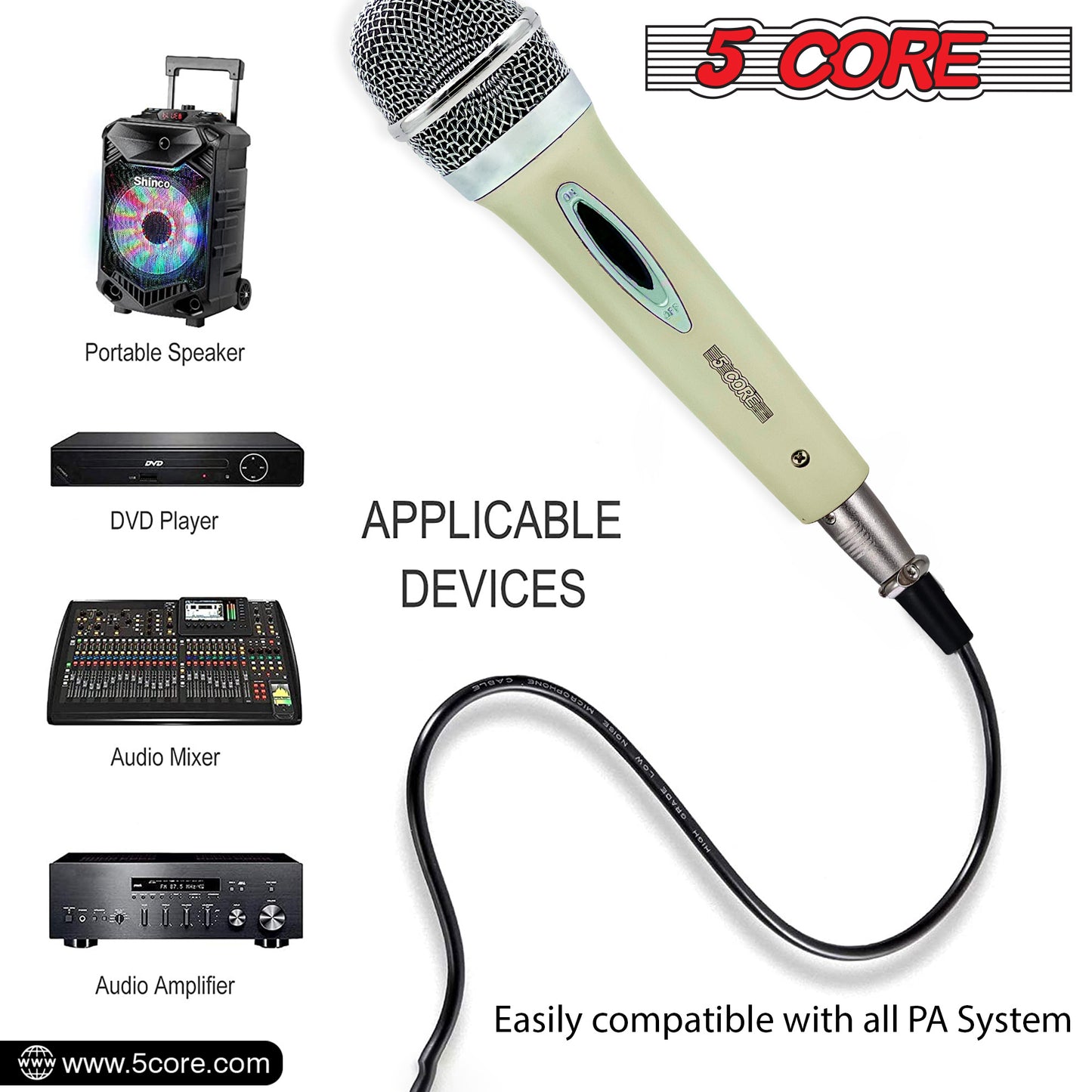 5 Core Microphone Pair XLR Dynamic Mic Karaoke Singing Handheld Microfono Wired Professional Unidirectional 1/4 Plug In Cord Connection for Vocal DJ Music - PM 286 WH