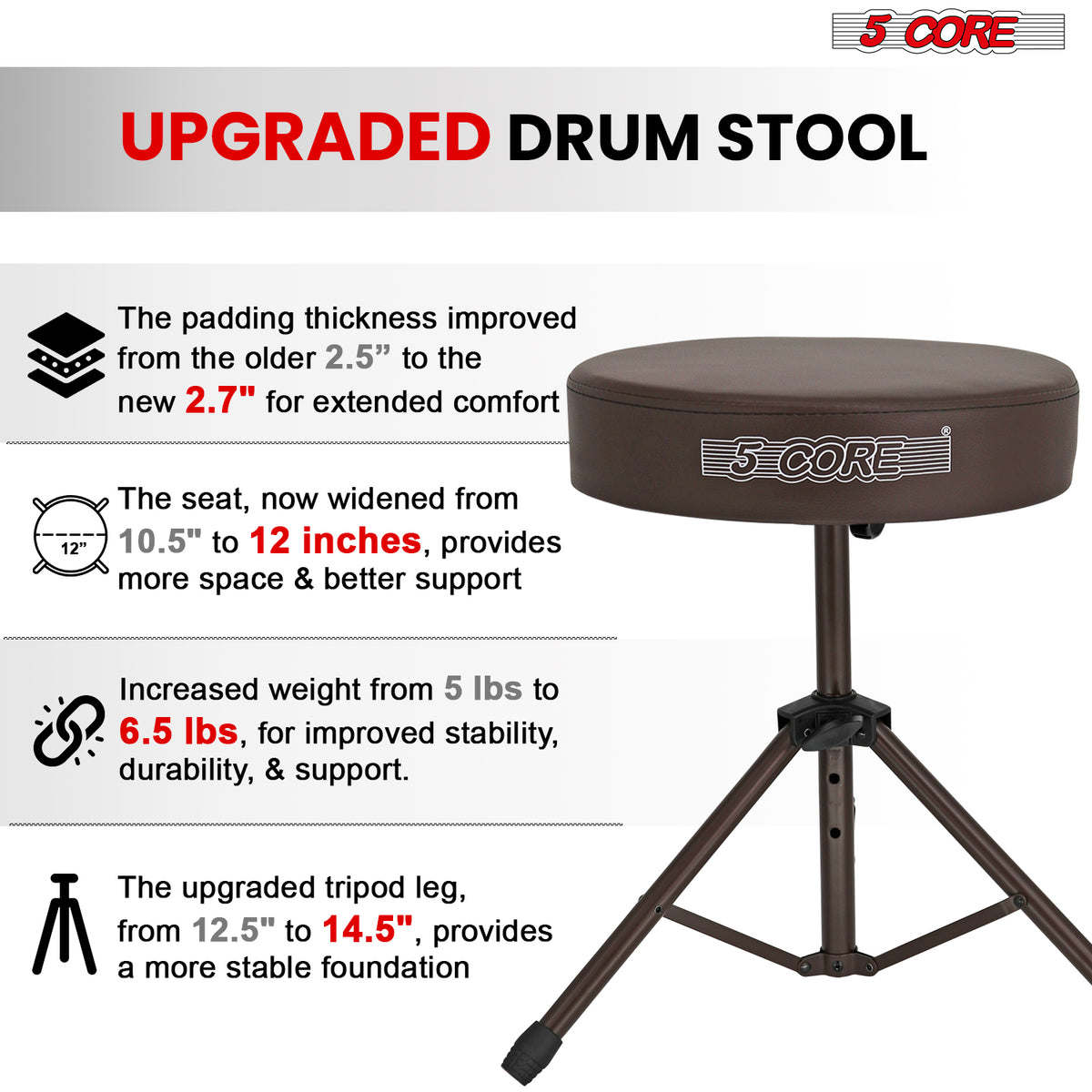 5Core Drum Throne Padded Guitar Stool Height Adjustable Drummer Seat Music Chair for Adults And Kids - DS 01