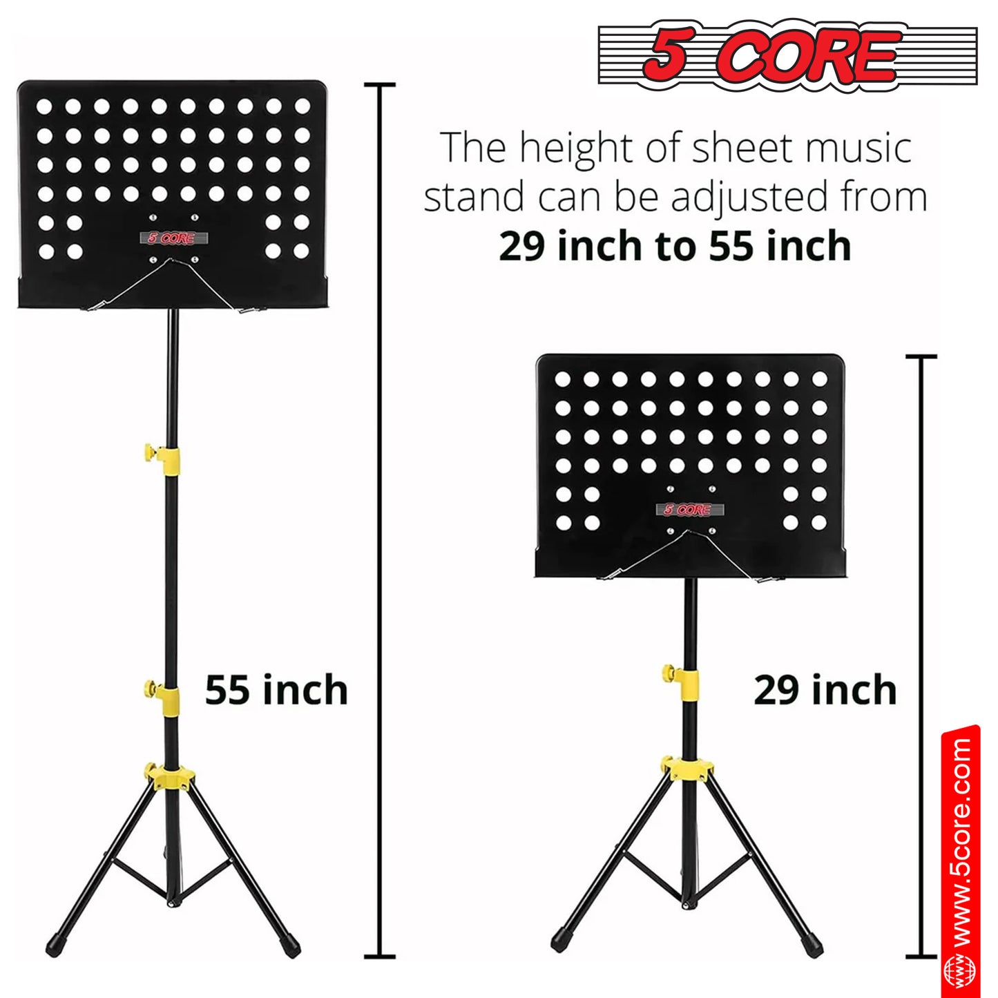5 Core Sheet Music Stand Dual Use Professional Portable Music Stand, Metal Desktop Tripod Music Book Stand & Orchestral Sheet Stand Folding Adjustable Sturdy Heavy Duty for Performance & Band-MUS YLW