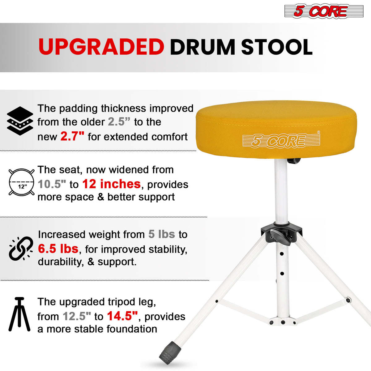 5Core Drum Throne Padded Guitar Stool Height Adjustable Drummer Seat Music Chair for Adults And Kids - DS 01