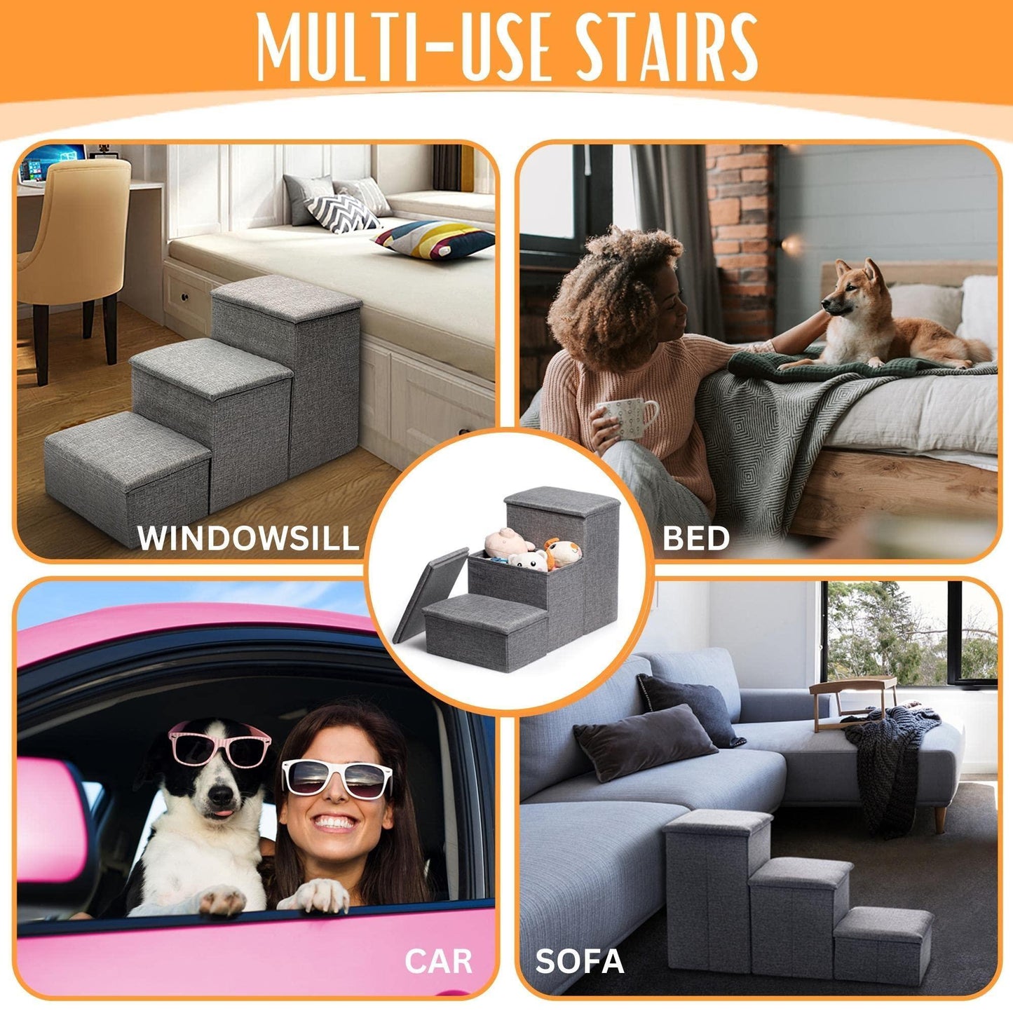 Gray Dog Stairs for High Beds or CouchFoldable Dog Steps With Storage Pet Steps for Small Dogs Medium Dogs Puppy Stairs