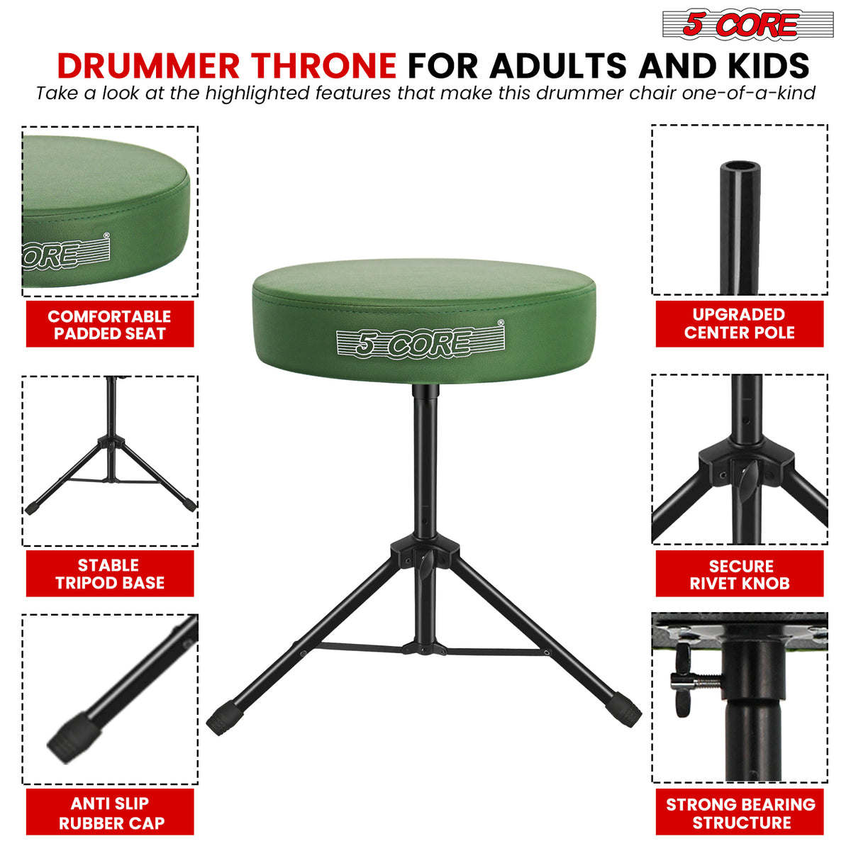 5Core Drum Throne Padded Guitar Stool Height Adjustable Drummer Seat Music Chair for Adults And Kids - DS 01
