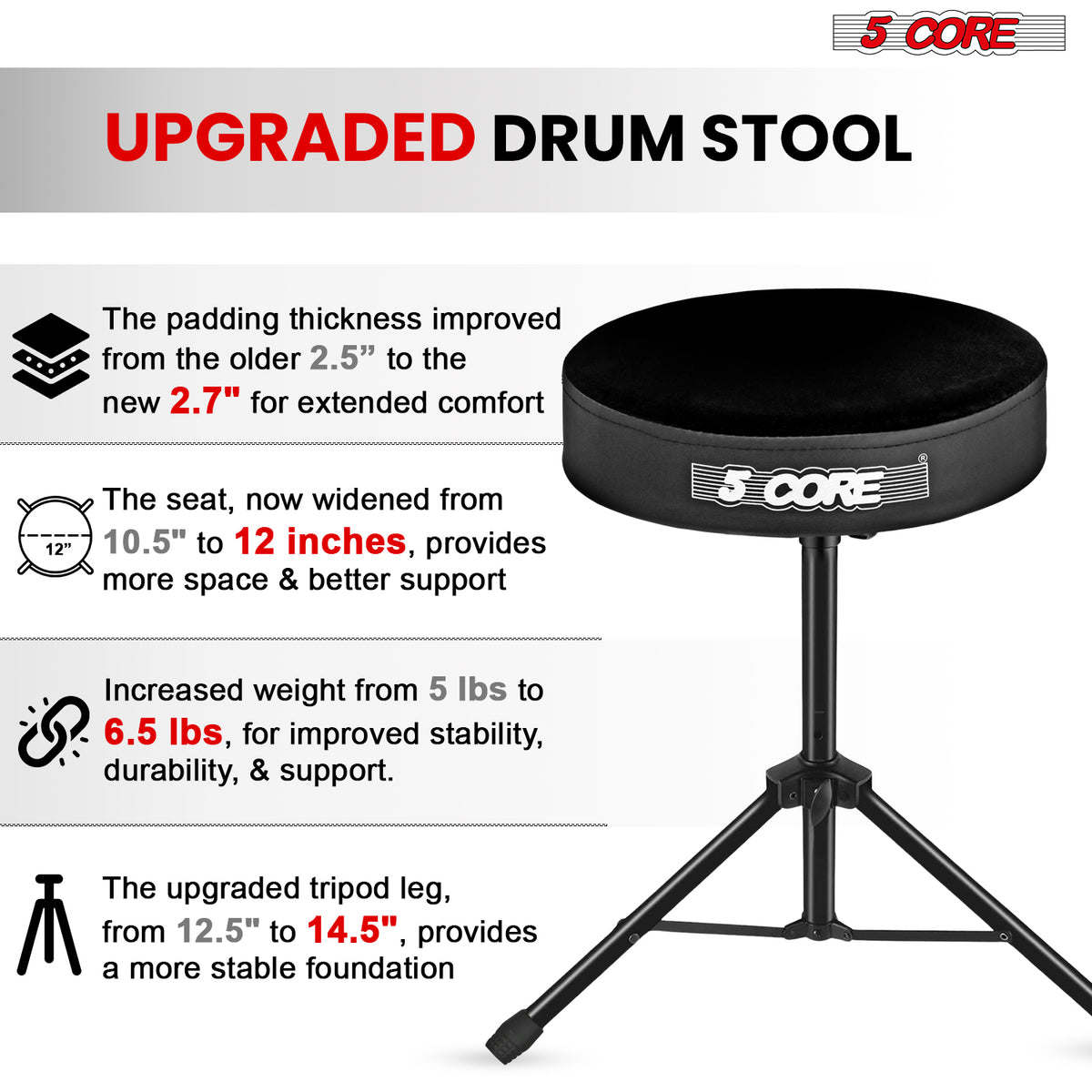 5Core Drum Throne Padded Guitar Stool Height Adjustable Drummer Seat Music Chair for Adults And Kids - DS 01