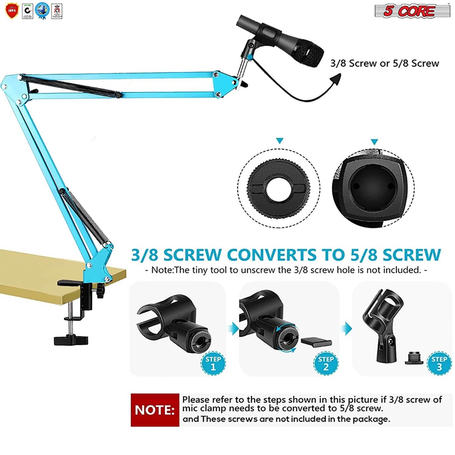 5 Core Mic Arm Adjustable Boom Microphone Stand Desk Mount Heavy Duty Brazo Para Microfono for Condenser Dynamic Mics - MS ARM BLU