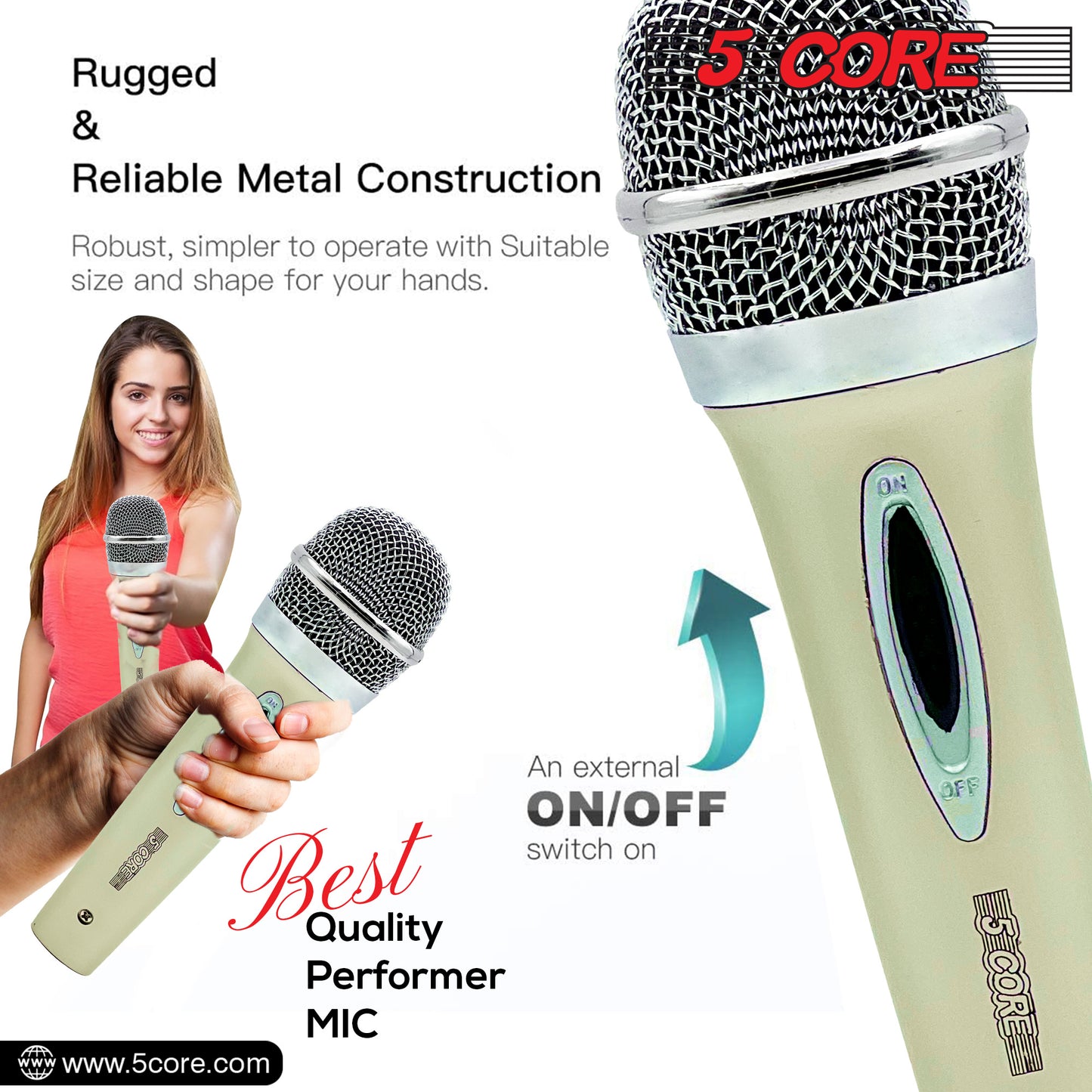 5 Core Microphone Pair XLR Dynamic Mic Karaoke Singing Handheld Microfono Wired Professional Unidirectional 1/4 Plug In Cord Connection for Vocal DJ Music - PM 286 WH