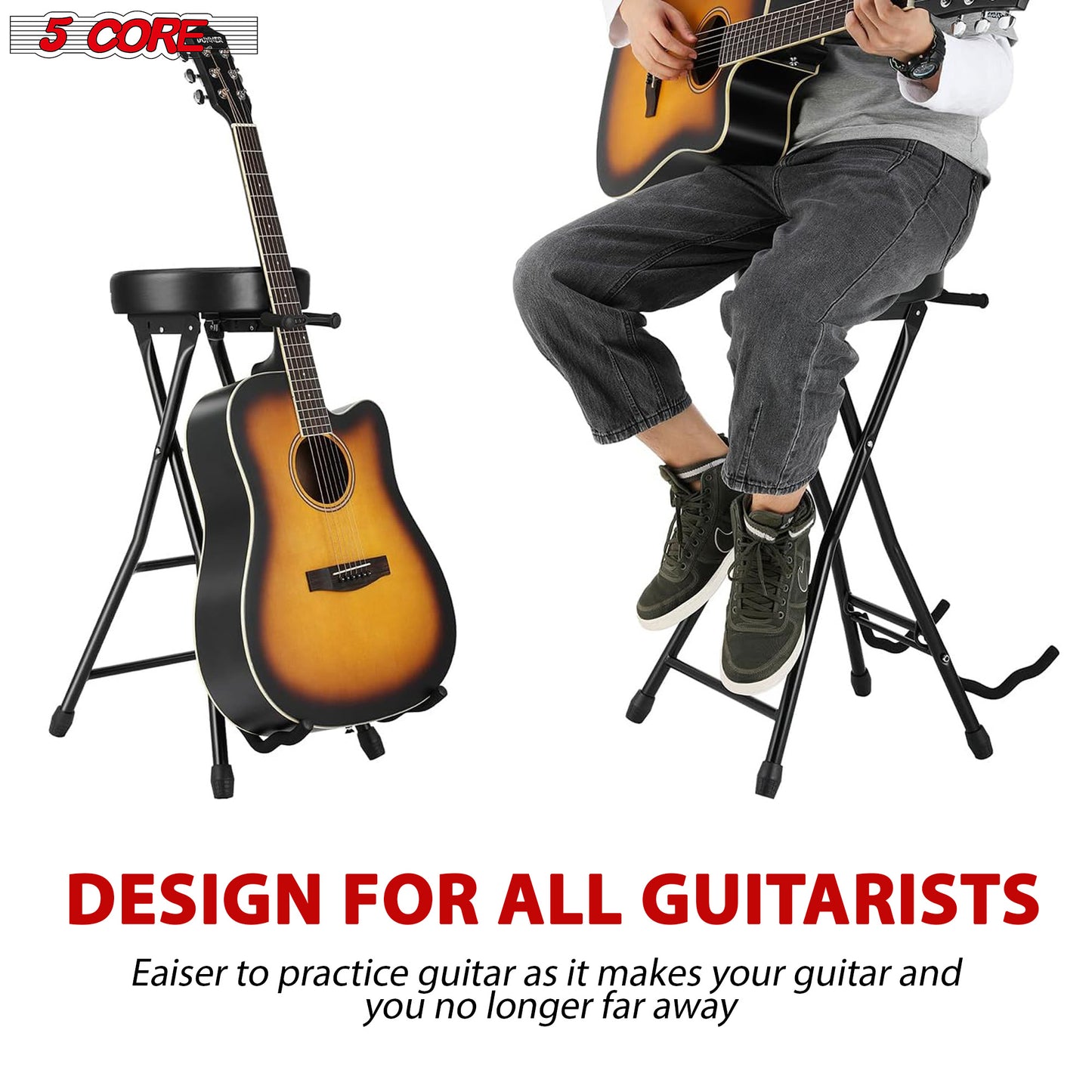 5 Core Guitar Stool • w Comfortable Padded Seat • Foot Rest • Guitar Holder w 300 Lbs Capacity - GSTOOL BLK
