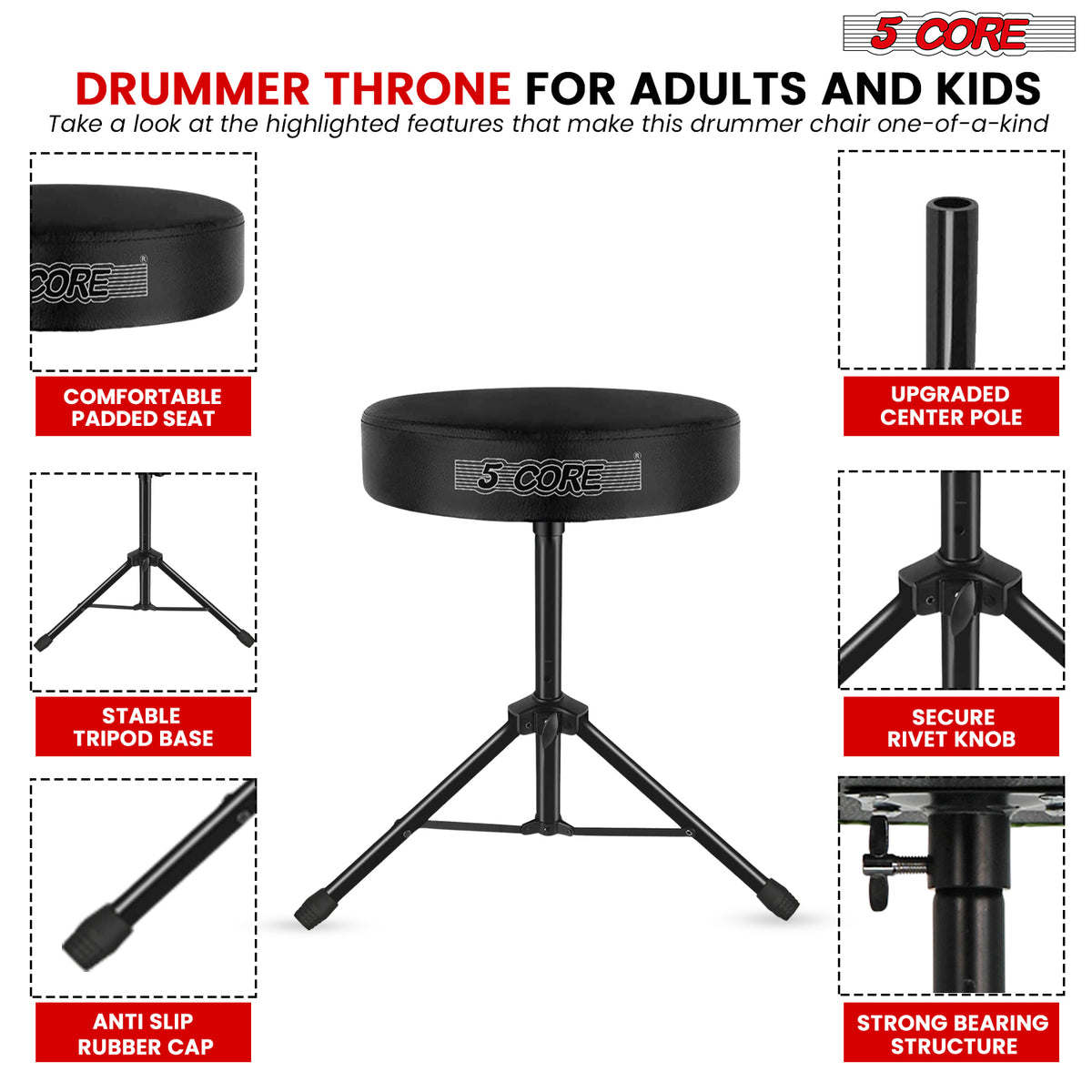 5Core Drum Throne Padded Guitar Stool Height Adjustable Drummer Seat Music Chair for Adults And Kids - DS 01