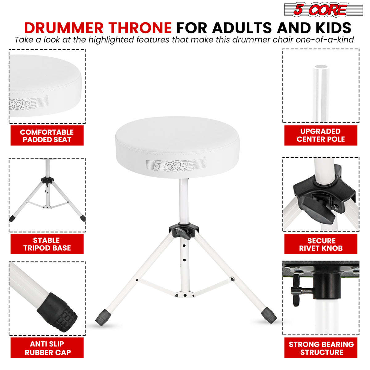 5Core Drum Throne Padded Guitar Stool Height Adjustable Drummer Seat Music Chair for Adults And Kids - DS 01