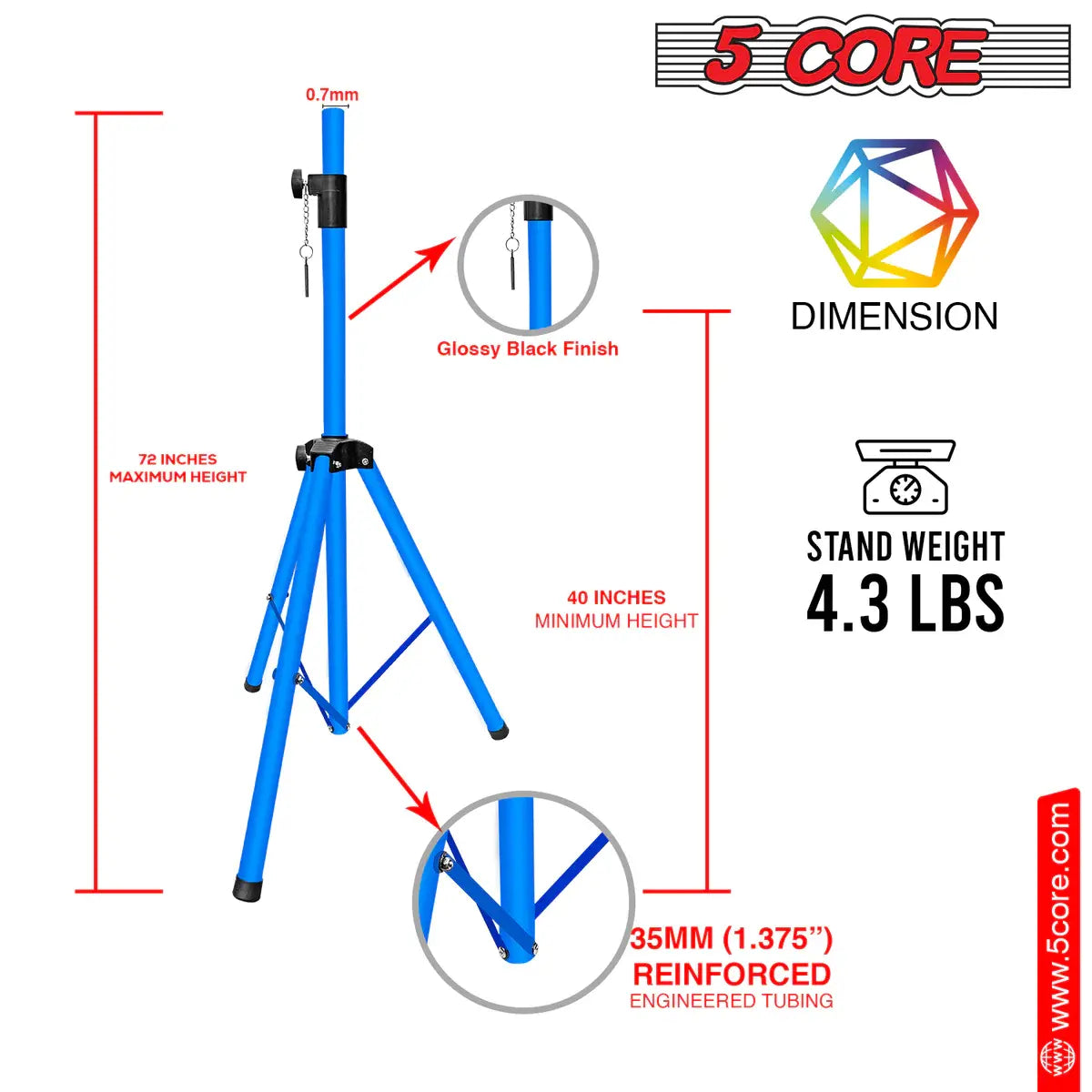 5 Core Speaker Stand Tripod Floor Tall Adjustable Up to 72 Inch DJ Studio Monitor Stands Pole Mount -- SS ECO 1PK WoB