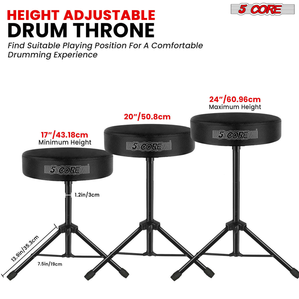 5Core Drum Throne Padded Guitar Stool Height Adjustable Drummer Seat Music Chair for Adults And Kids - DS 01