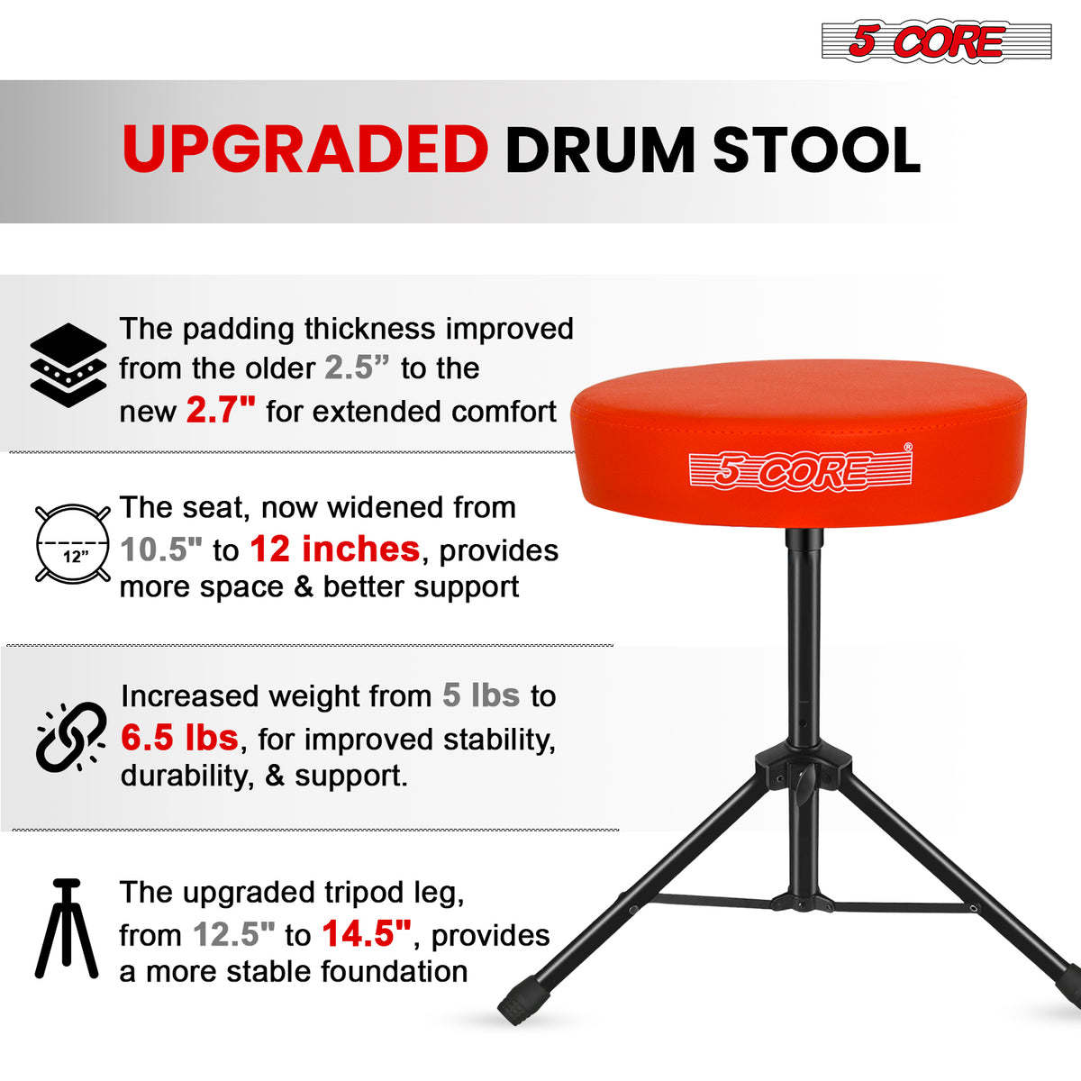 5Core Drum Throne Padded Guitar Stool Height Adjustable Drummer Seat Music Chair for Adults And Kids - DS 01
